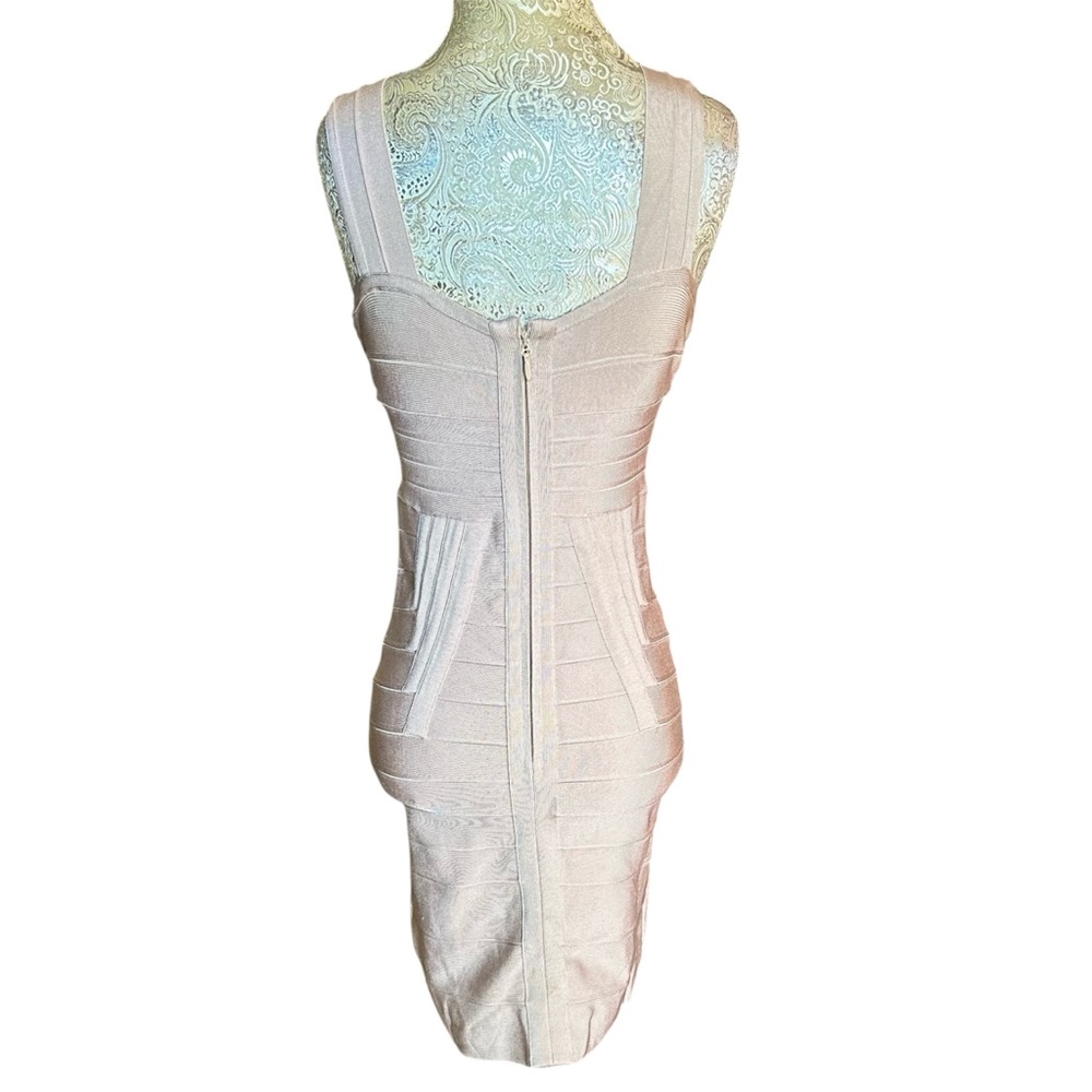 Sexy Stretch Beige Cream Heavy Bandage Mini Dress Plunge Neck Club Size Large - Picture 3 of 10